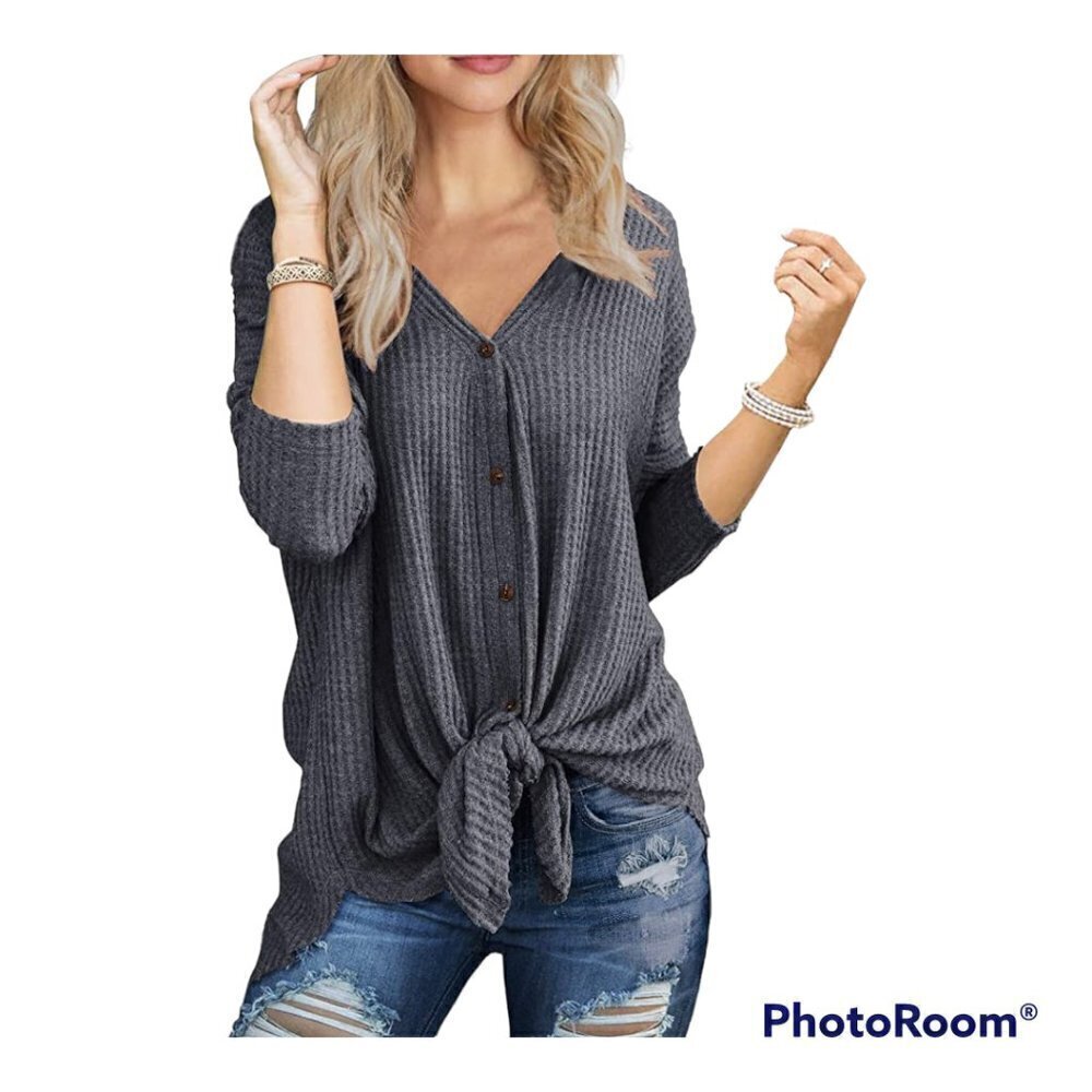IWOLLENCE Gray Waffle Knit Blouse Tie Knot Henley Medium